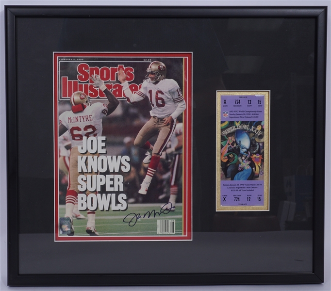 Joe Montana Autographed Sports Illustrated Framed Display w/Authentic Super Bowl Ticket