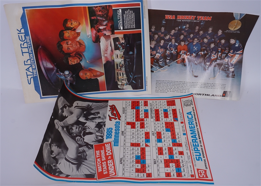 Lot of 3 Vintage Posters w/1979 Star Trek 1980 Team USA Gold Medal & 1985 Minnesota Twins w/Kirby Puckett