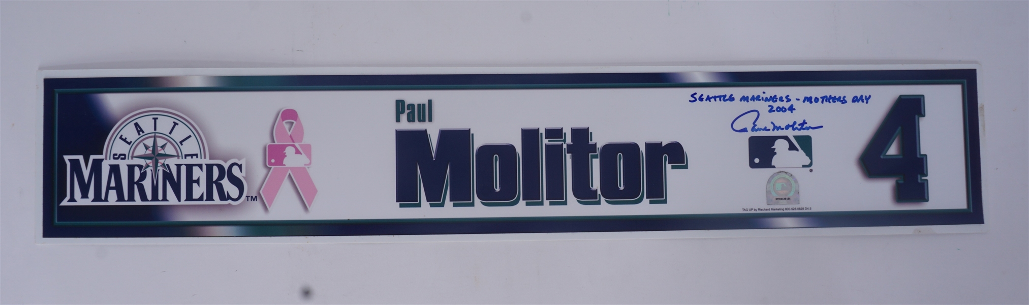 Paul Molitor Seattle Mariners 2004 Mothers Day Game Used Autographed & Inscribed Locker Name Plate MLB