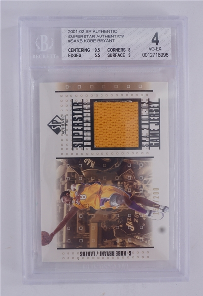 Kobe Bryant 2001-02 SP Authentic Beckett 4 Game Used Jersey Card LE #157/200