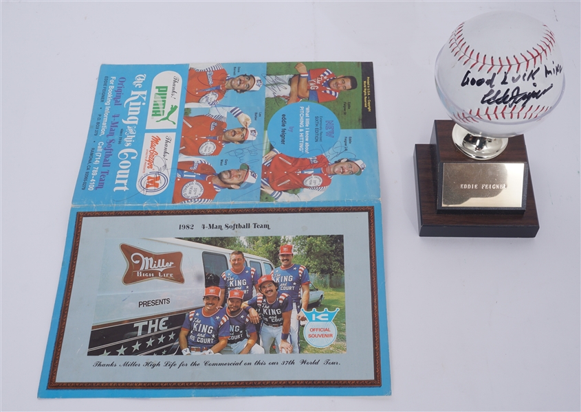 Eddie Feigner Autographed Softball & "The King and his Court" Autographed Program w/ 5 Signatures Beckett LOA