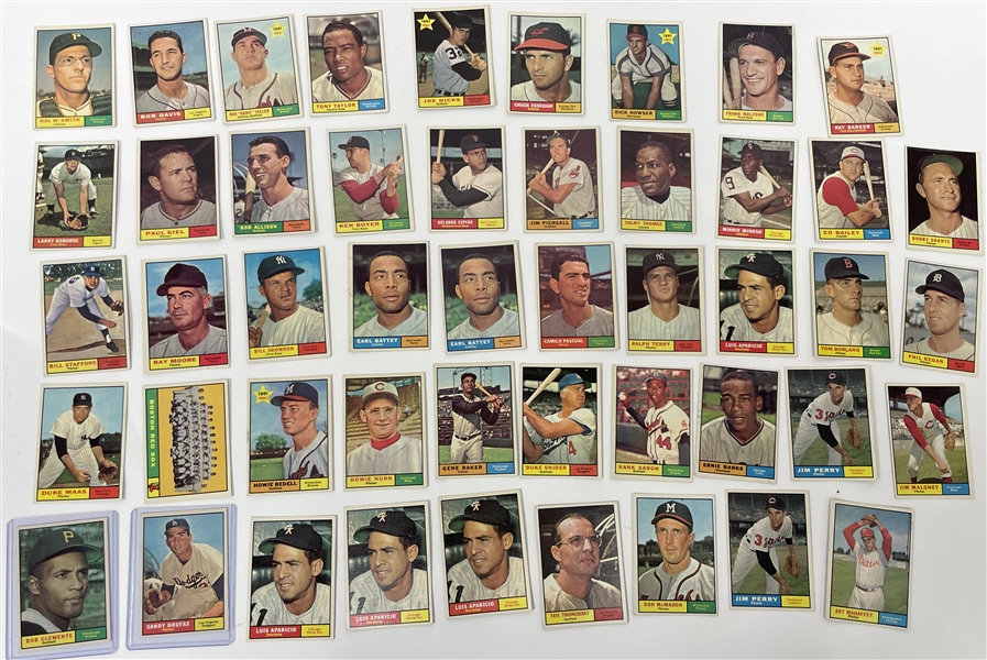 Collection of 1961 Topps Baseball Cards w/ Bob Clemente & Sandy Koufax