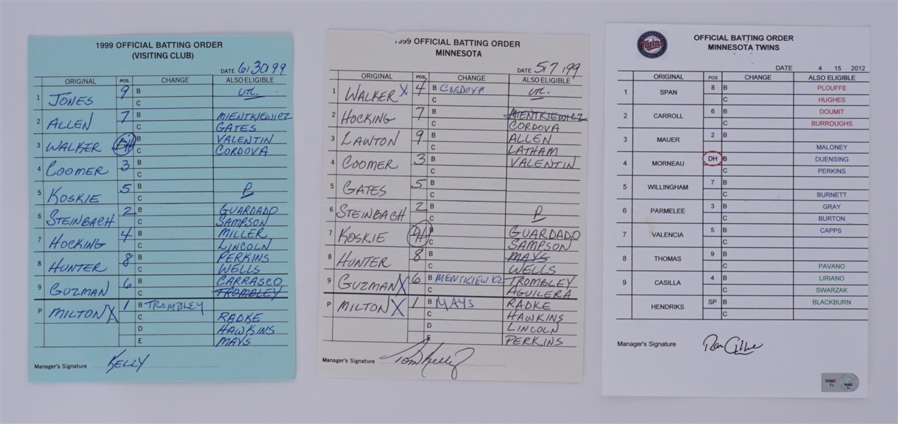 Lot of 3 Minnesota Twins Game Used Lineup Cards From 1999 & 2012