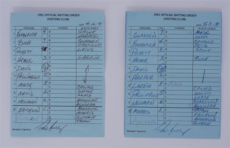 Lot of 2 Minnesota Twins Game Used Lineup Cards From 1991 w/ Puckett *World Series Season*