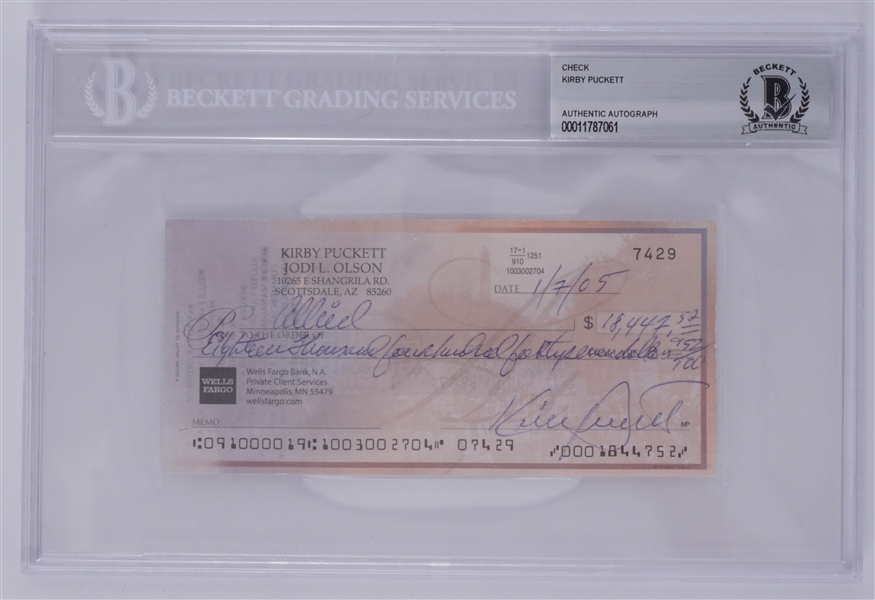 Kirby Puckett Signed Personal Check #7429 BGS Authenticated