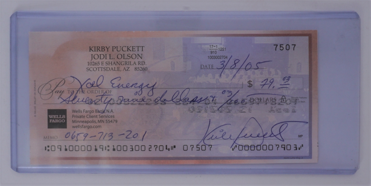Kirby Puckett Signed Personal Check #7507