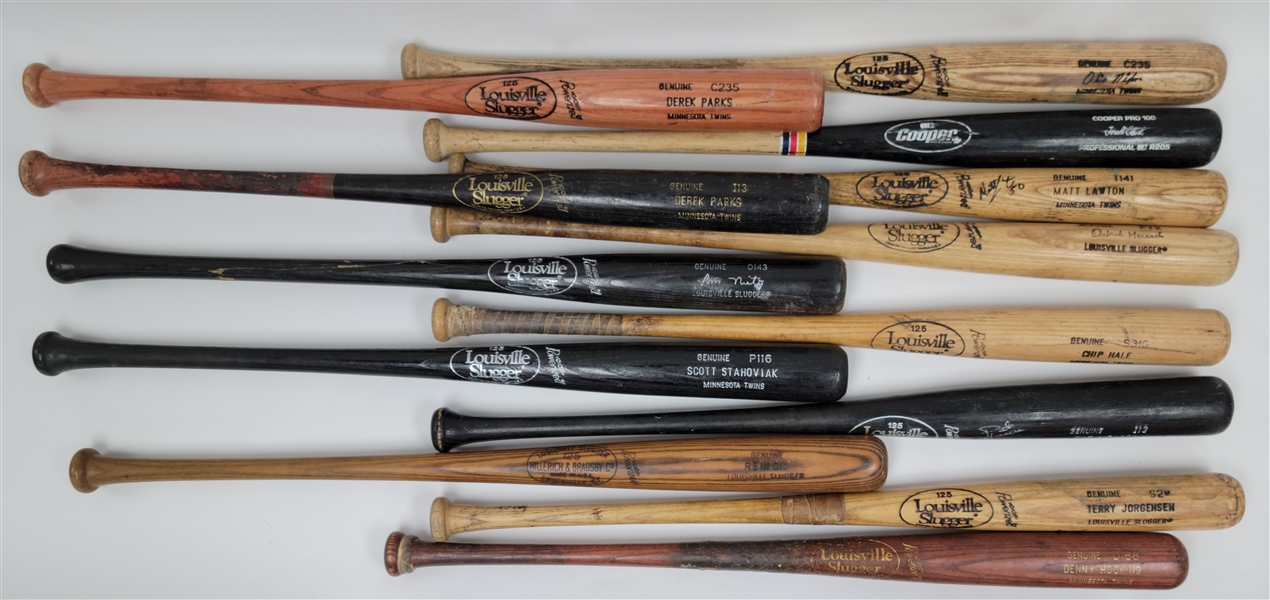 Lot of 13 1980s-1990s Minnesota Twins Game Used Bats w/ Denny Hocking