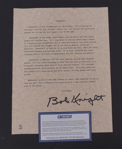 Bobby Knight Autographed "Basketball" Letter Steiner