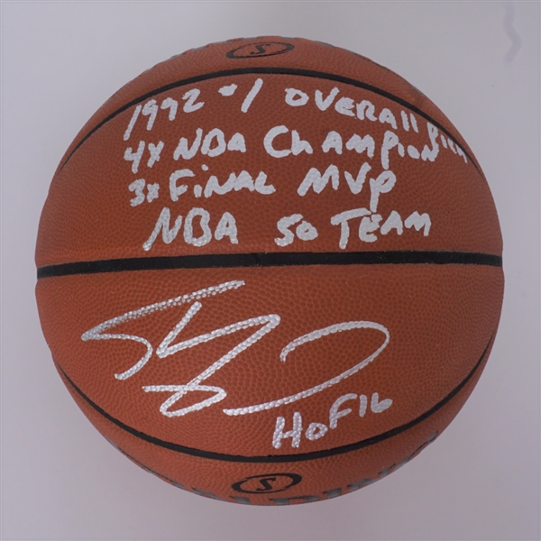 Shaquille ONeal Autographed & Multi-Inscribed Spalding NBA Basketball w/ Plastic Display Case Beckett