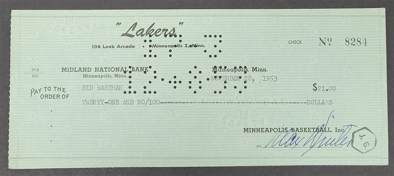 Max Winter & Sid Hartman Signed Minneapolis Lakers Check From 1953 Beckett