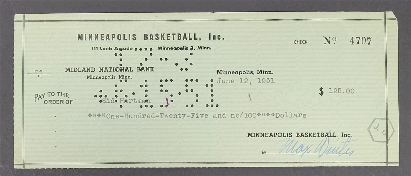 Max Winter & Sid Hartman Signed Minneapolis Lakers Check From 1951 Beckett