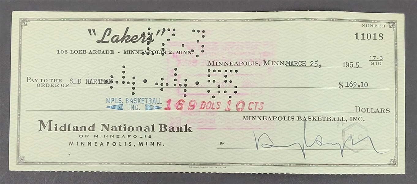 Sid Hartman Signed Minneapolis Lakers Check From 1955 Beckett