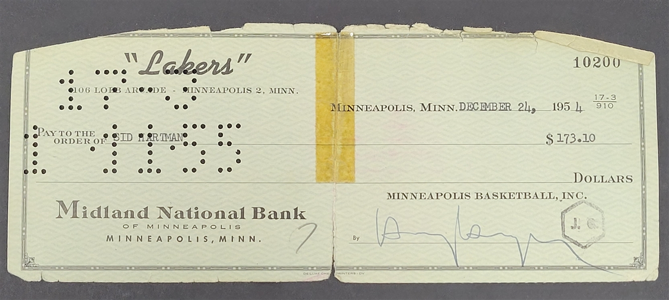 Sid Hartman Signed Minneapolis Lakers Check From 1954 Beckett