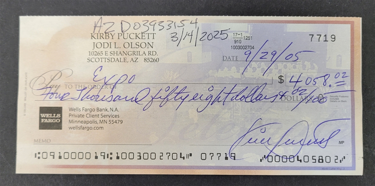 Kirby Puckett Signed Personal Check #7719 w/ Beckett LOA