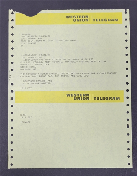 Minnesota Twins Western Union 1991 Telegram