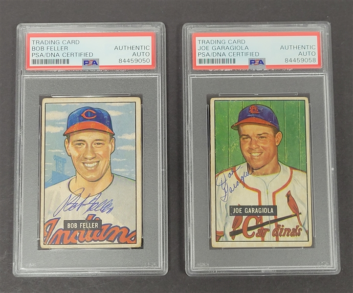 Lot of 2 Bob Feller & Joe Garagiola Autographed 1951 Bowman Cards PSA/DNA