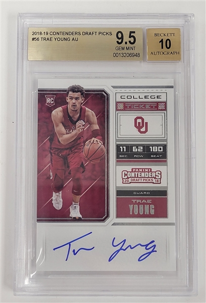 Trae Young Autographed 2018-19 Panini Contenders Draft Picks #56 Rookie Card BGS 9.5 Auto 10