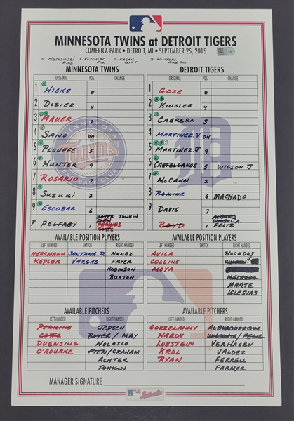 2015 Minnesota Twins vs. Detroit Tigers Game Used Lineup Card MLB
