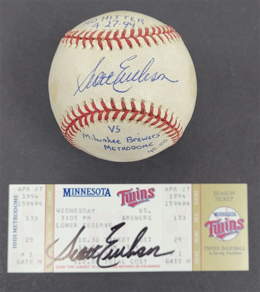 Scott Erickson Game Used & Autographed Baseball From No-Hitter & Autographed Ticket
