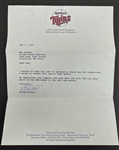 Kirby Puckett Signed 1995 Minnesota Twins Letter w/ Beckett LOA