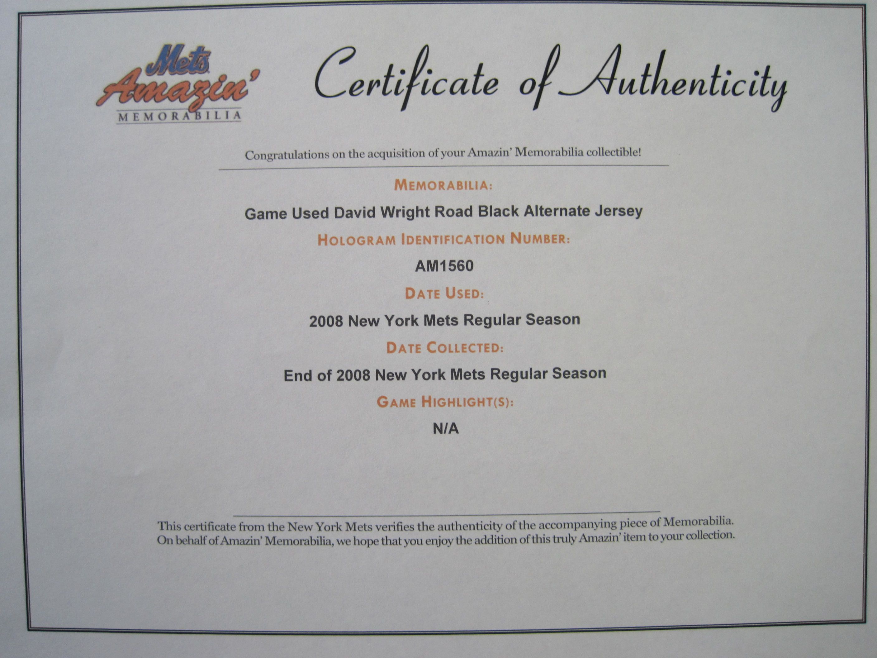 Lot Detail - David Wright 2008 Game Used New York Mets Jersey GU 9 w/Mets  Provenance