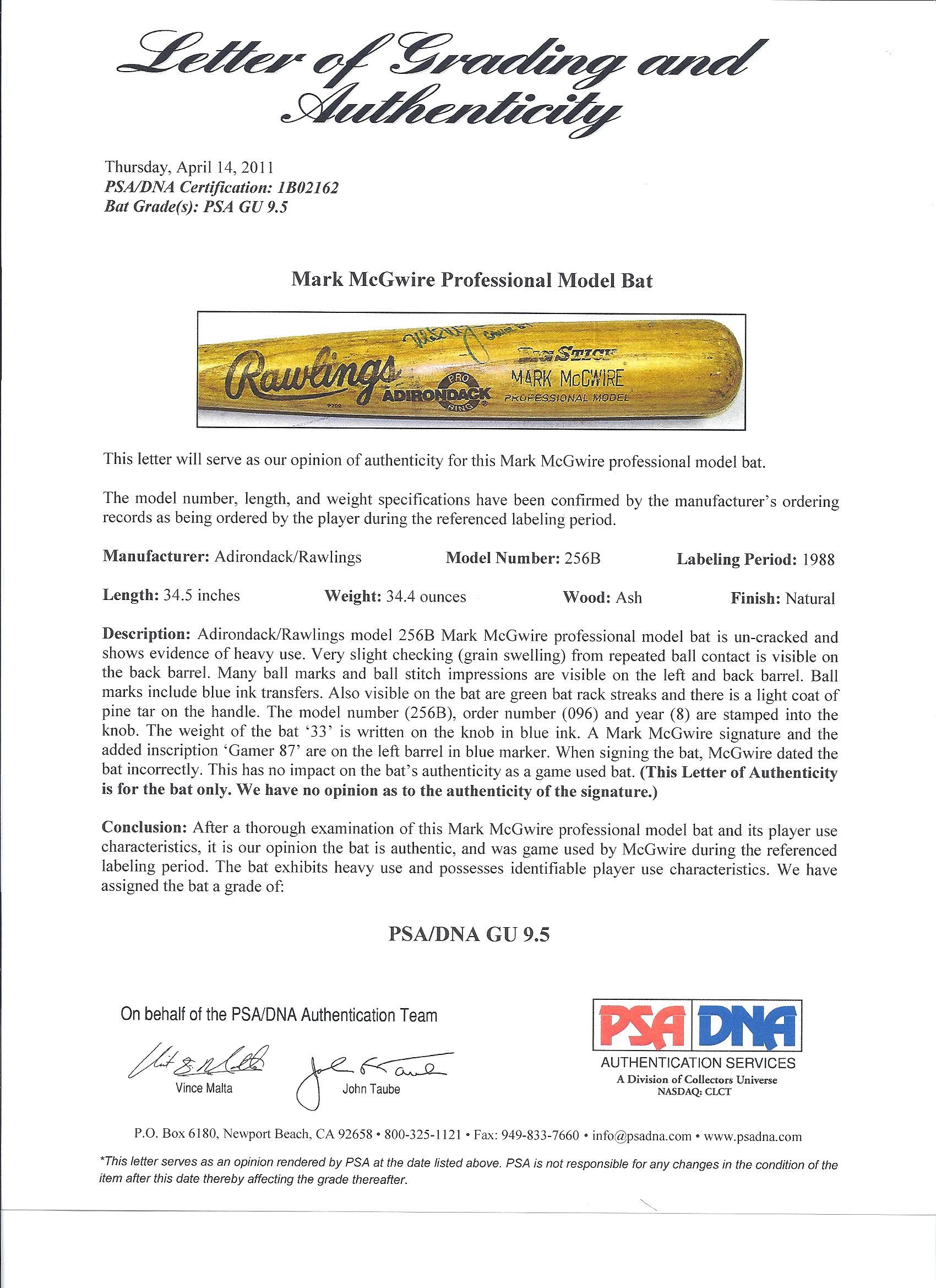 Lot Detail - 1999 Mark McGwire St. Louis Cardinals Game-Used & Autographed  Bat (PSA/DNA GU 8)