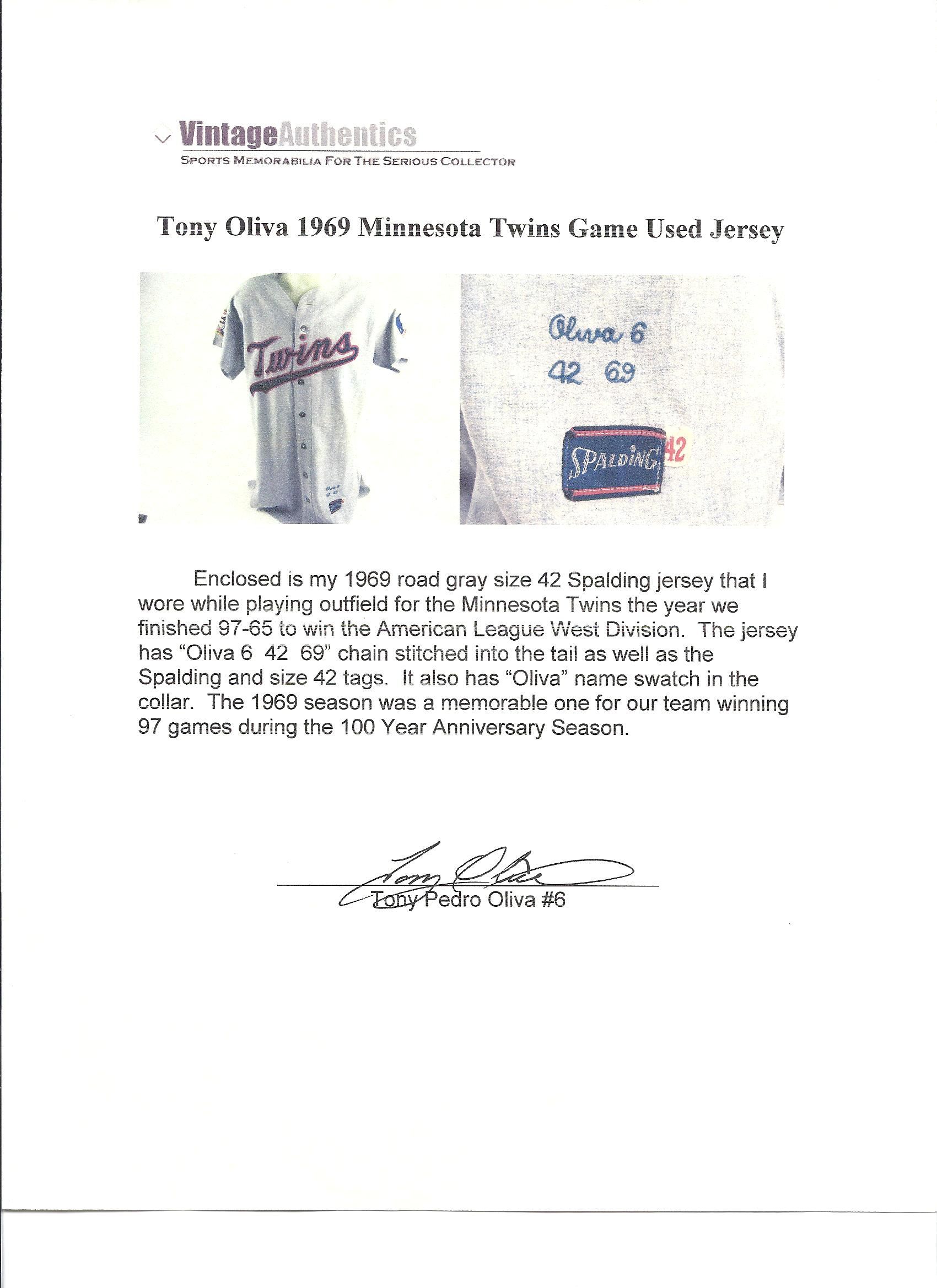 Lot Detail - Tony Oliva 1969 Game Used Flannel Jersey w/Tony Oliva Letter  of Provenance