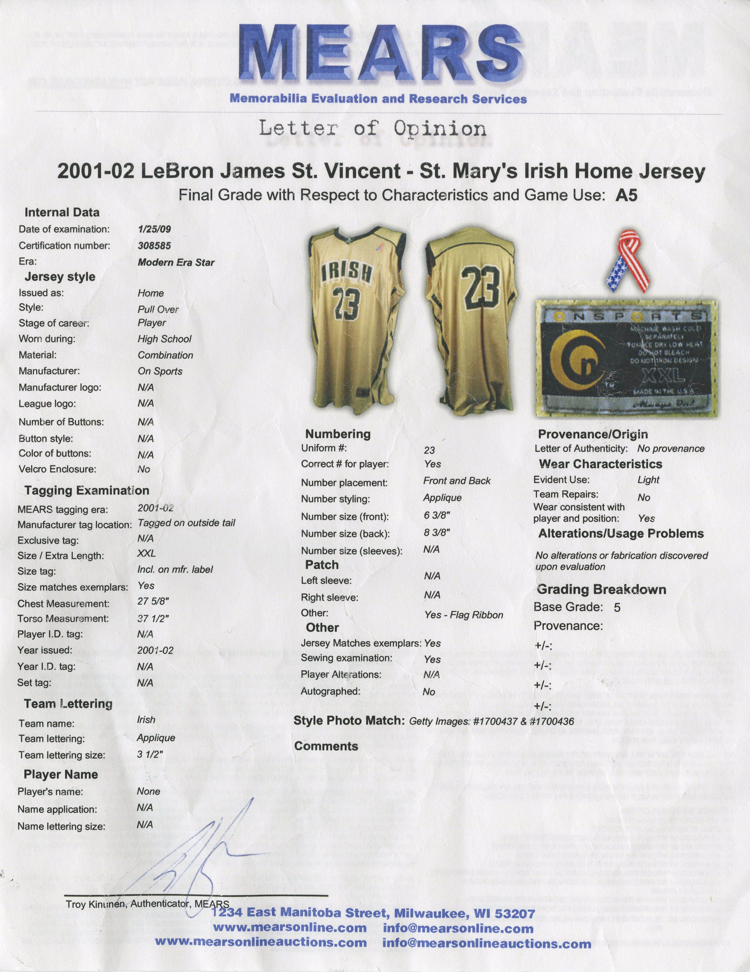 LeBron James Game Used St. Vincent-St. Mary Irish High School Jersey (MEARS)