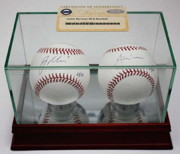 Joe Mauer & Justin Morneau Single Signed Baseballs w/Display