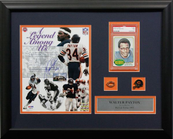 Walter Payton Framed Display With Autographed 8x10 Photo & PSA Graded 7 Rookie Card