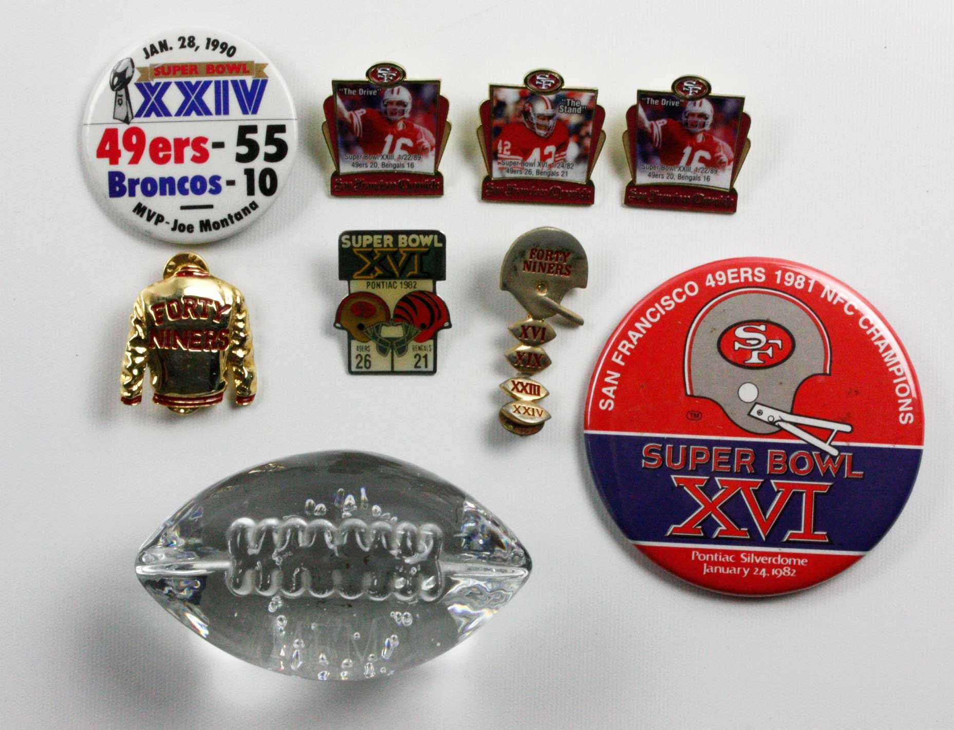 Lot Detail - San Francisco 49ers Super Bowl Pins & MFM Award Crystal