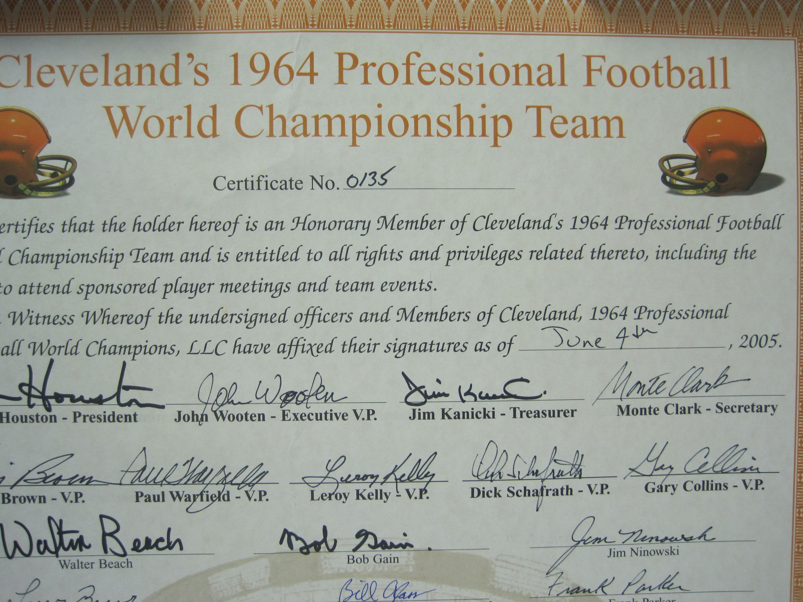 1964 Cleveland Browns - NFL Champions - Honorary Certificate