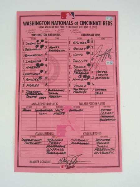 Lot Detail - Joey Votto Game Used & Autographed Mother's Day Line Up Card  From 3 HR Game MLB Authenticated