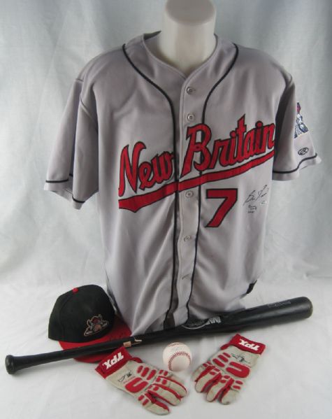 Ben Revere New Britain Rock Cats Professional Model Jersey, Hat, Batting Gloves & Bat w/Heavy Use