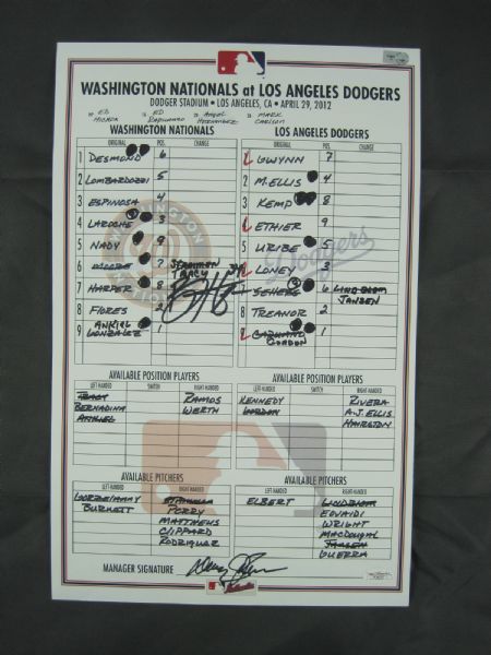 Bryce Harper Game Used Line Up Card From 2nd Major League Game April 29th, 2012 MLB Authenticated