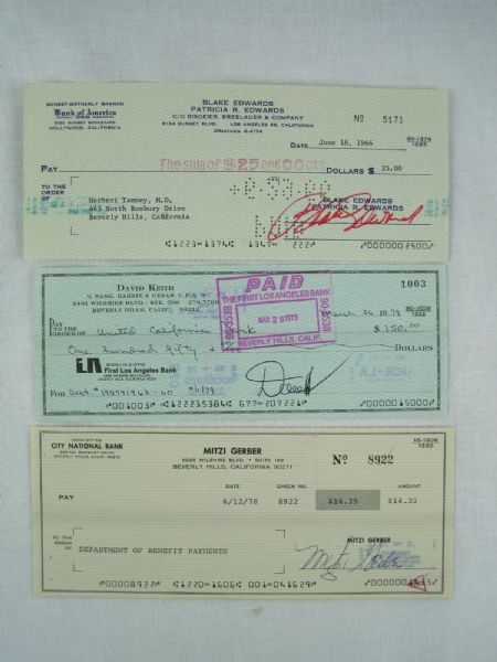 Celebrity Lot of 3 Signed Checks Including David Keith, Mitzi Gerber and Blake Edwards