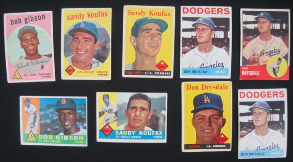 Sandy Koufax Don Drysdale & Bob Gibson Collection of 9 Baseball Cards