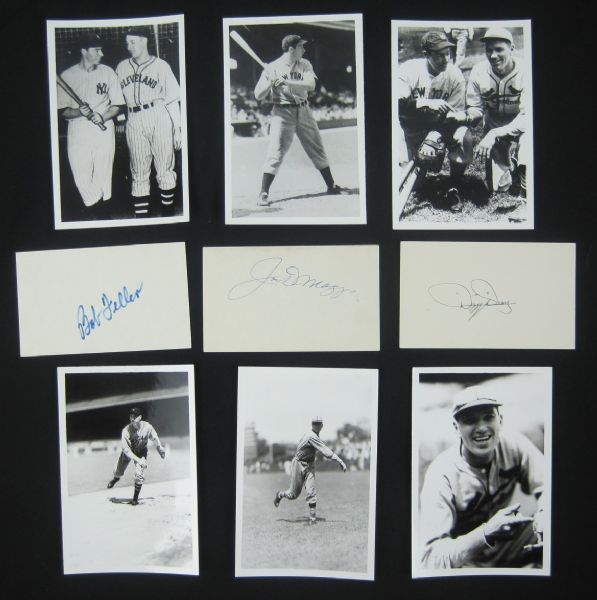 Joe DiMaggio Dizzy Dean & Bob Feller Autographed Index Cards & George Burke/Brace Photos