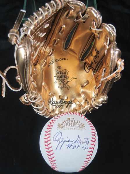 Ozzie Smith Autographed Rawlings Gold Glove & 2011 World Series Baseball