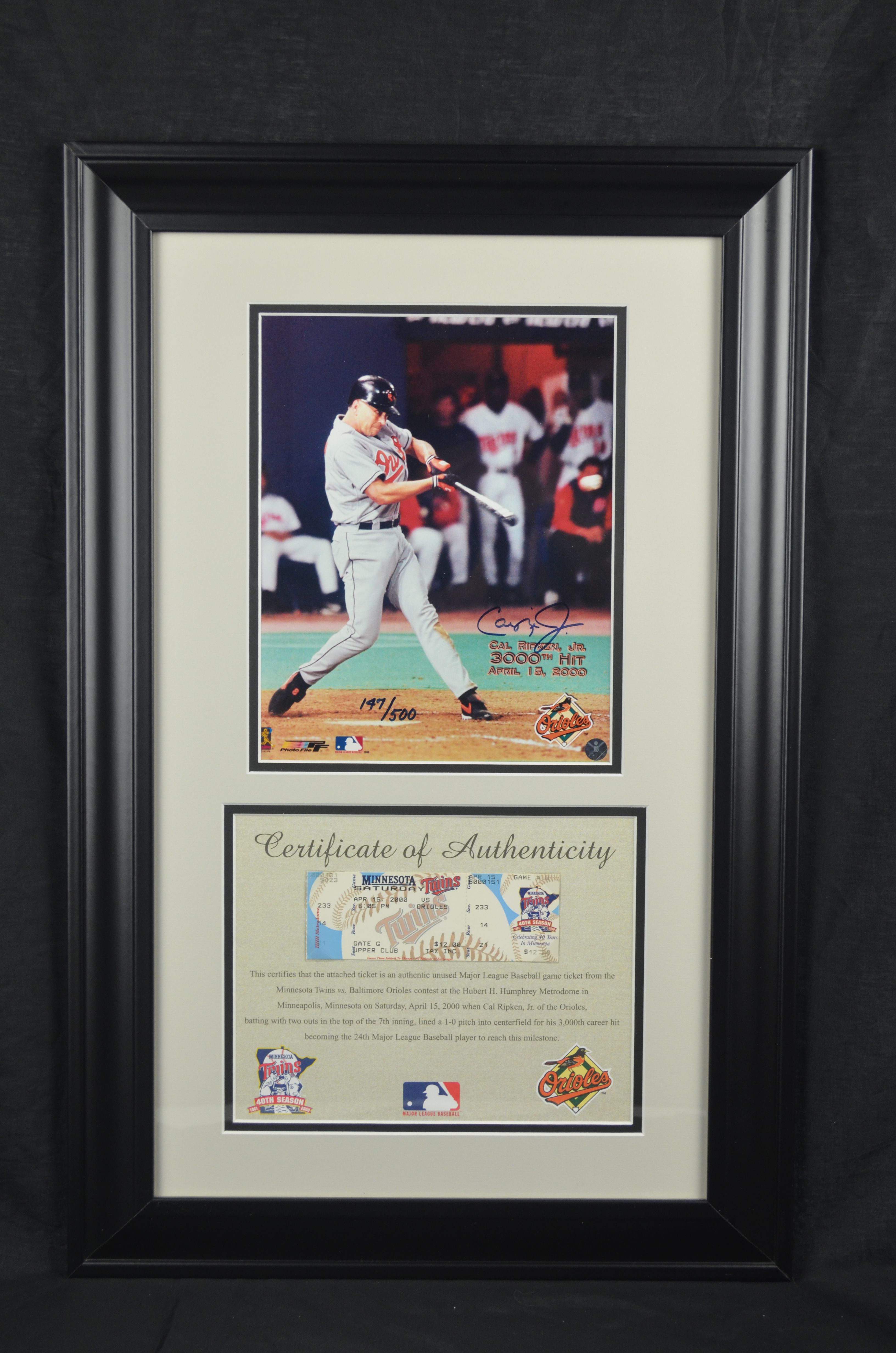 lot-detail-cal-ripken-jr-autographed-3-000-hit-club-photo-ticket-display