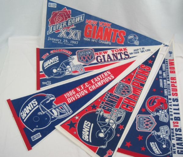 New york Giants Lot of 5 Pennants w/Phil Simms Autographed SB MVP