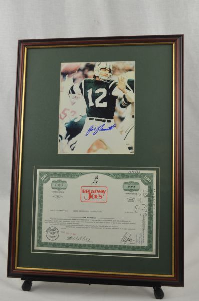 Joe Namath signed 8x10 Photo w/ Authentic Broadway Joe’s Stock Certificate