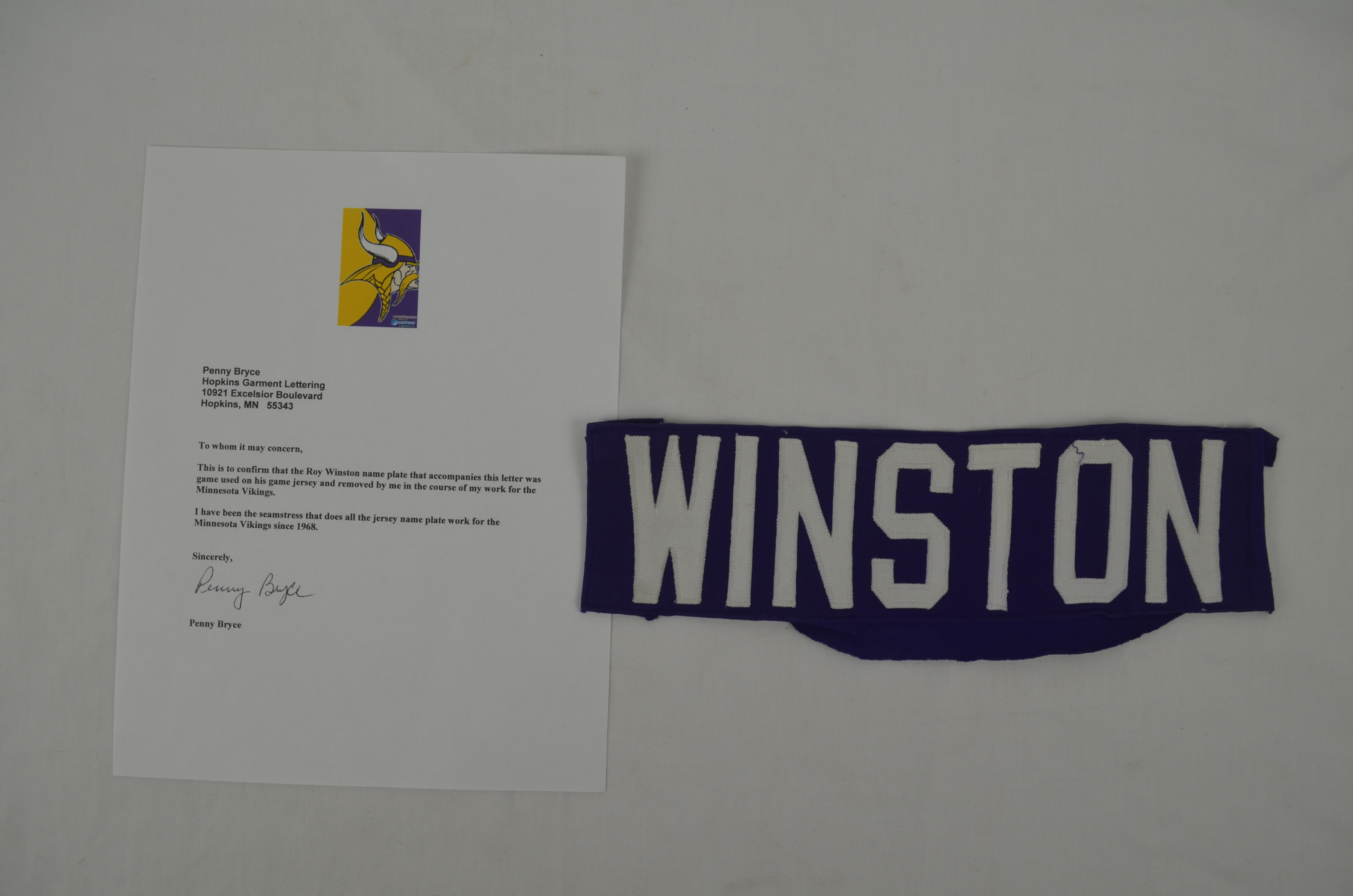 Lot Detail - Roy Winston Minnesota Vikings Professional Model Jersey  Nameplate w/Team Provenance