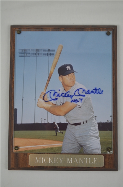 Mickey Mantle No. 7 Autographed Inscribed Photo Plaque