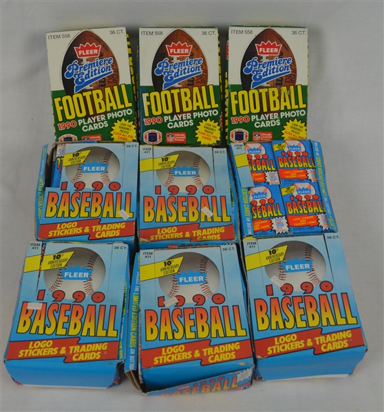 Lot of 9 Unopened Boxes of 1990 Fleer Baseball & Football Cards