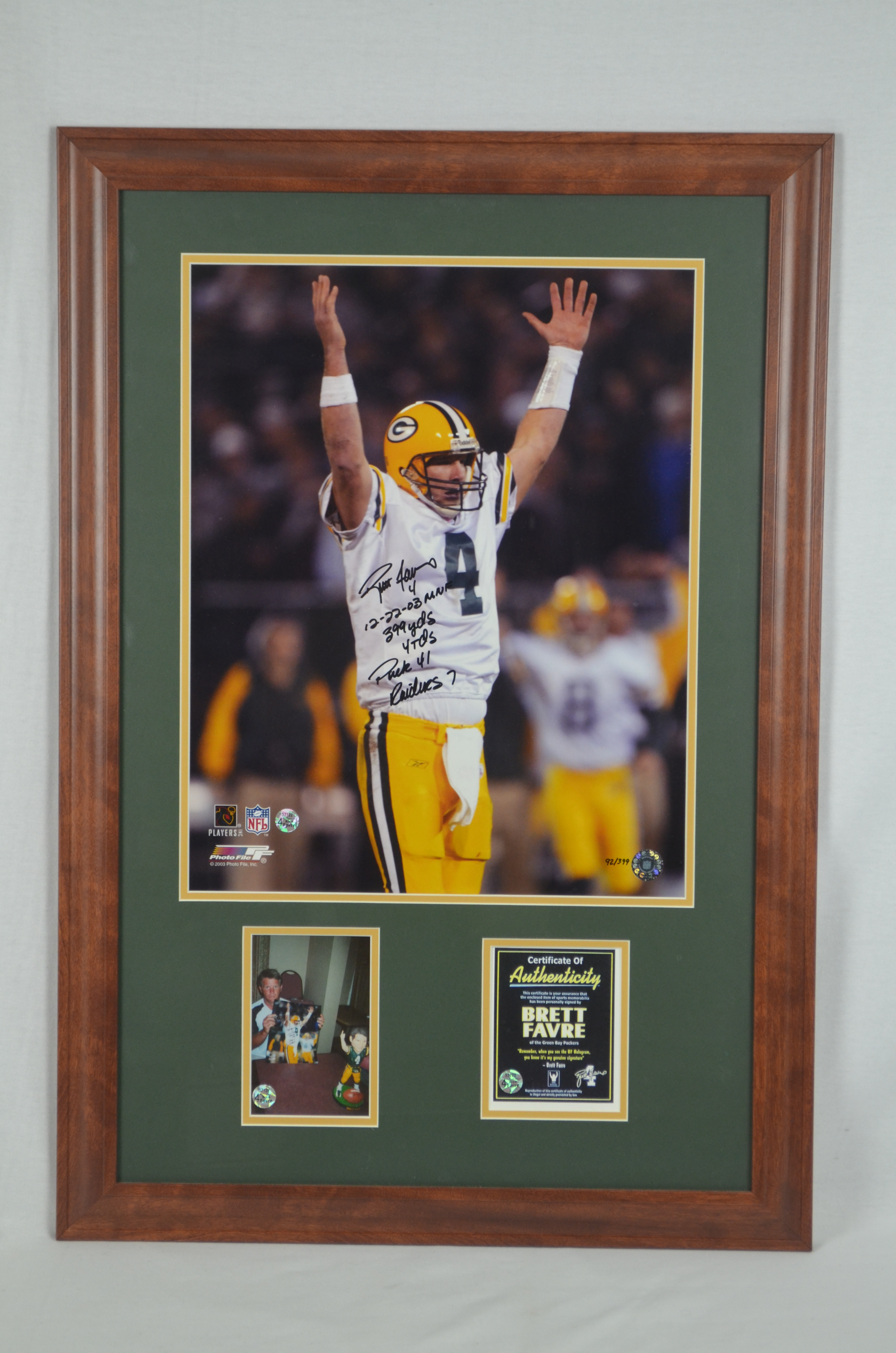 Lot Detail - Brett Favre Multi Inscribed 16x20 Framed Photo From Memorable  Raiders MNF Game