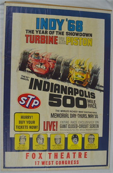 Original 1968 Indianapolis "INDY 500 THE YEAR OF THE SHOWDOWN TURBINE VS PISTON" Poster