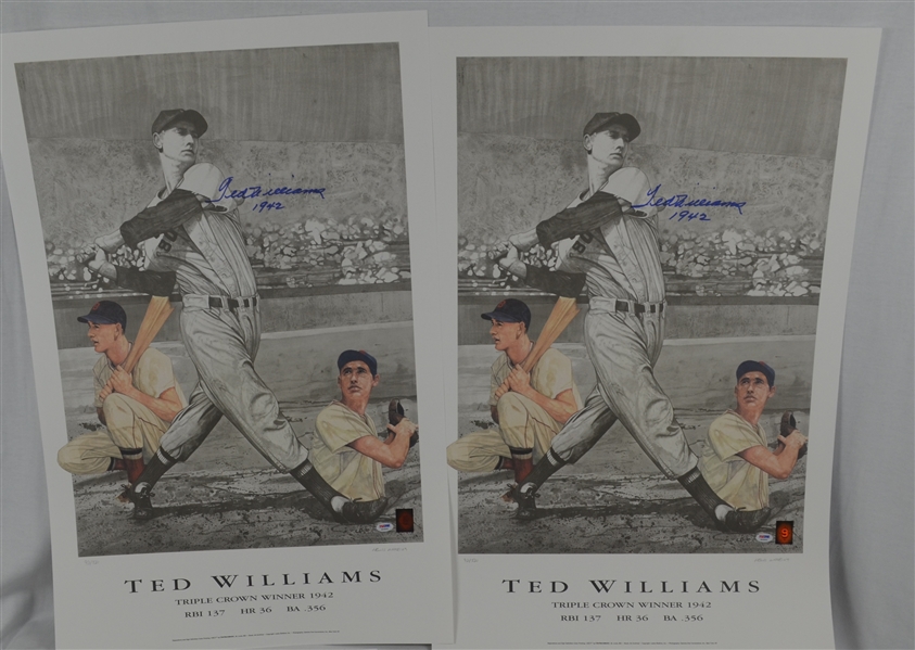 Ted Williams Lot of 2 Autographed 1942 Triple Crown Lithographs