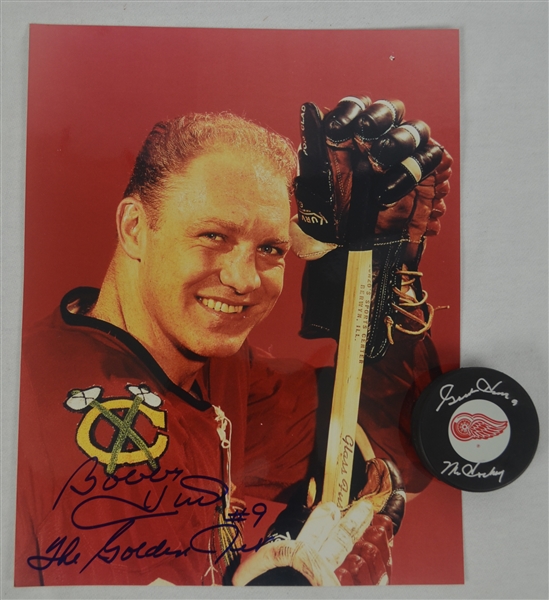 Bobby Hull Autographed Photo & Gordie Howe Autographed Puck