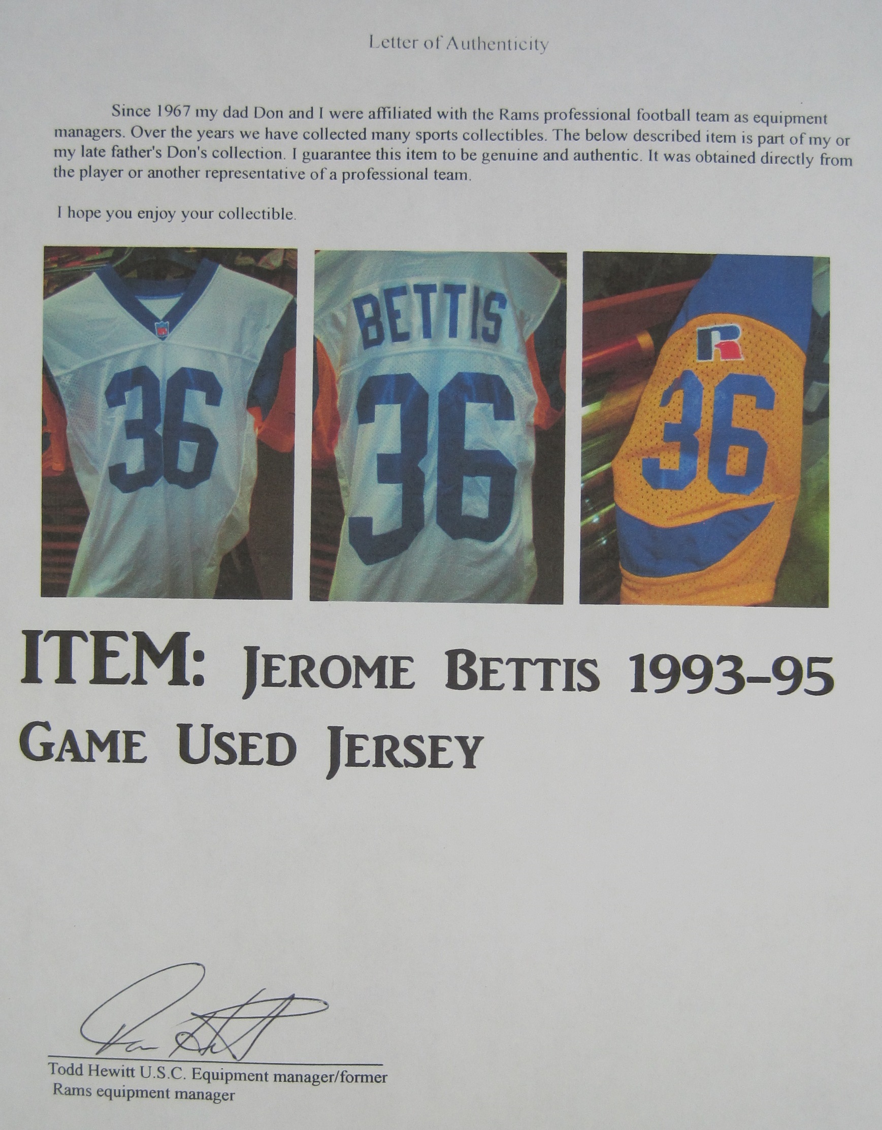 Lot Detail - Jerome Bettis 1995 St. Louis Rams Professional Model